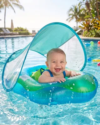 Hingue Baby Swim Ring avec Pare-Soleil Amovible UPF 50+, Flotant Régulable pour Bébé, Piscine Inflatable avec Assise de Sécurité, Orange