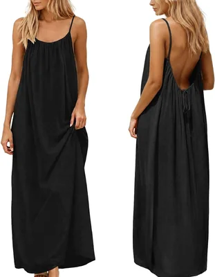 nnOuOnn Femmes Backless Cami Robe Été 2026 Sans Manches Longue Robe Décontractée Été Robe Open Back Fluide Été