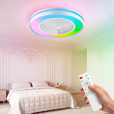Ventilateur de plafond DOMANKI avec éclairage 50 cm, lumière d'ambiance RGB, moteur DC silencieux, réglable, mode été/hiver, télécommande, blanc - Best Deal