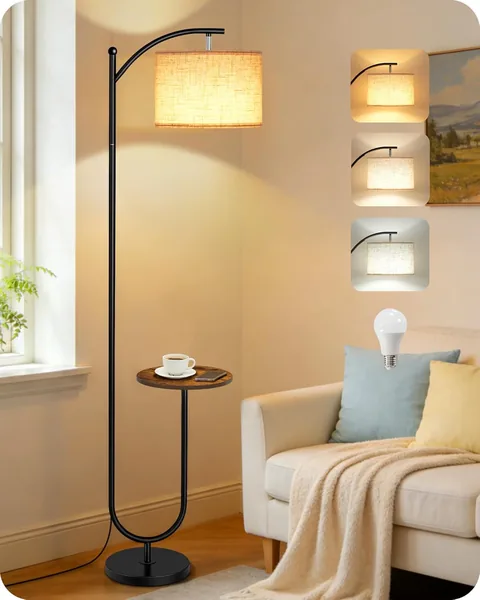 GOEBLESON Floor Lamp with Table, 3 Colour Temperatures, Memory Function, Floor Lamp with Adjustable Lamp Head, Foot Switch, Floor Lamp with Shelf for Living Room, Office, Vintage B