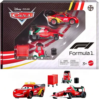 Mattel Disney en Pixar Cars x Formula 1 3-pack voertuigset | Flash McQueen, Francesco Bernoulli & Alex Machino met bandenstap