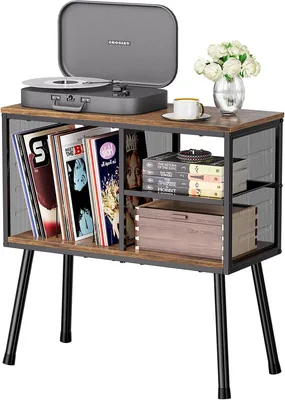 Turntable Stand Adjustable Shelves Rustic Brown