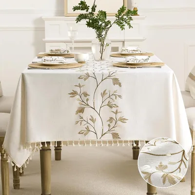 Manteles para Mesa Rectangular 140x180cm JeeLeeko, Tela de Algodon Lino Impermeable sin Arrugas con Borlas y Paño de Limpieza