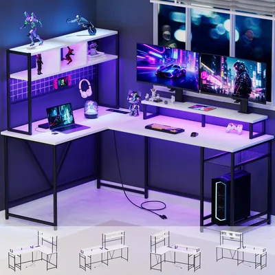 Escritorio Cuezal L, 220CM Reversible con Estante, Escritorio Gamer LED, Doble