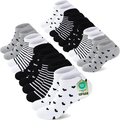 SukModen 10/20 Paires de Chaussettes Courtes en Coton Colorées pour Femmes, 35-38 / 39-42, Confortables et Respirantes à Rayures avec Cœur