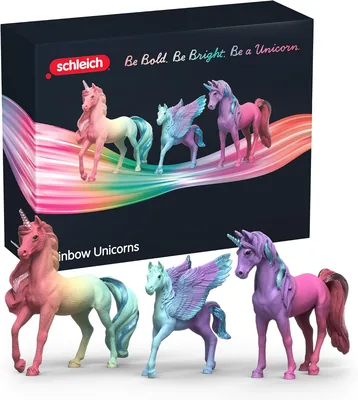 Schleich Sammelset Regenbogen-Einhorn 42821, detaillierte Figuren mit Metallischen Akzenten und Farbverlauf, Deko für Kinderzimmer