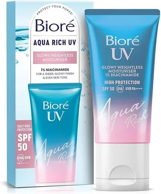 Bioré UV Aqua Rich Glowy Hidratante SPF50 | 1% Niacinamida | Acabado Luminoso - 50% de Descuento