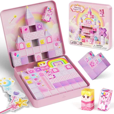 Burgkidz Magnetische Bouwsets 48 Delen 2CM - Magisch Eenhoorn Blok voor Meisjes met Metalen Reisdoos, Ideaal voor Trein, Plaats of Kunst
