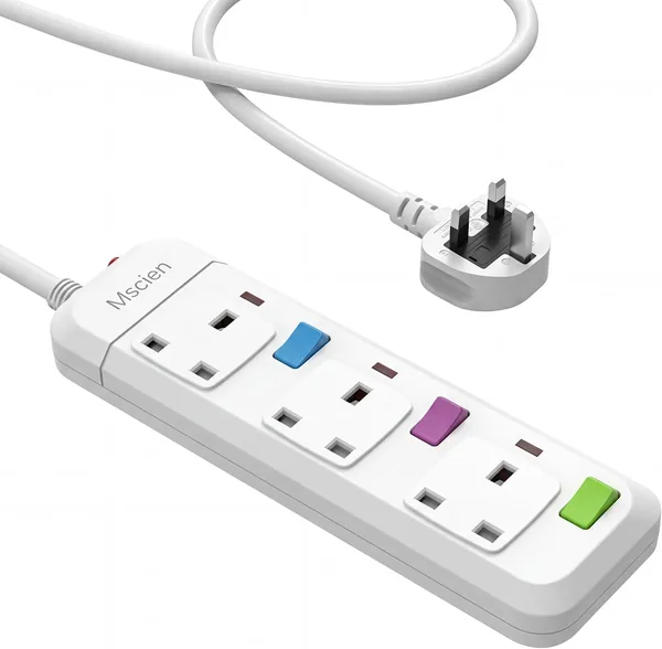 Mscien Extension Lead 1M 3 Way, Fused 3 plug Extension Socket with Individual Switches Mountable Overload Protection Power Strips with 1 Metre Extension cable 2500W