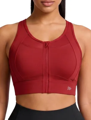Yvette Women's Sports Bra Front Zipper High Impact Support Mesh Racerback | Plus Size Friendly