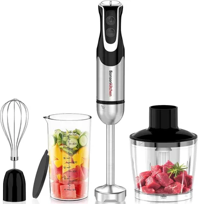 Bonsenkitchen 4 in 1 Frullatore a Mano 1000W in Acciaio Inossidabile con 12 Velocità e Turbo, Include Frusta, Tazza da 700 ml, Tagliere