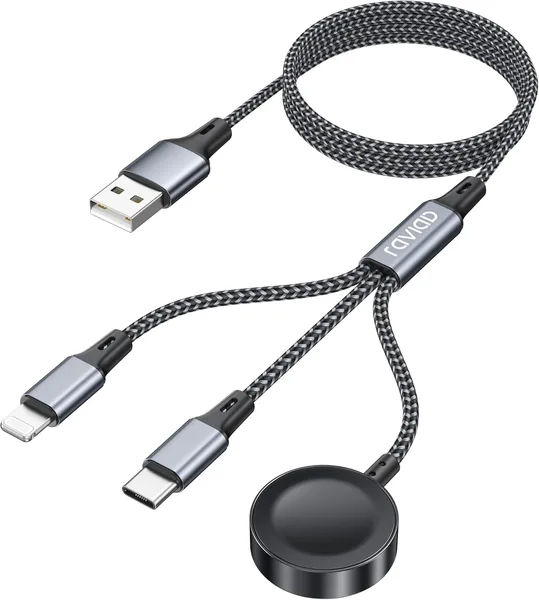 RAVIAD 3-in-1 Ladekabel für Apple Watch 1,2 m, Multi USB Kabel mit Apple Watch Ladegerät, USB C, Lightning Kompatibel