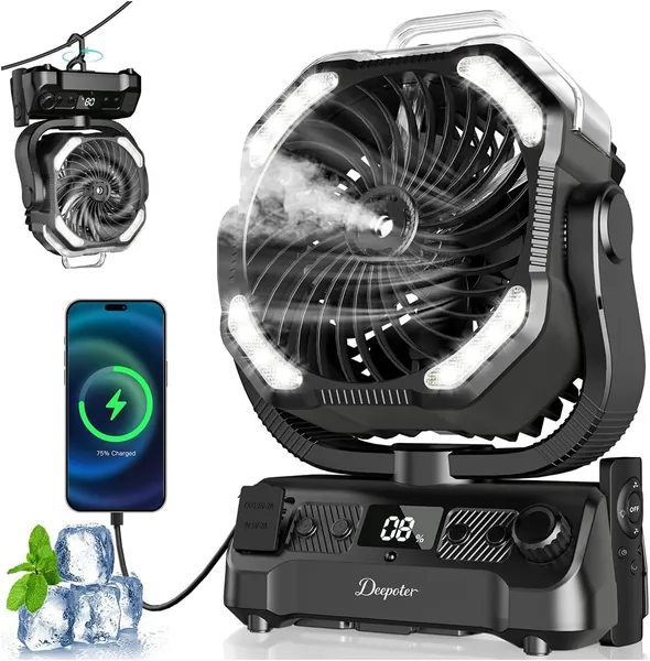 Misting Camping Fan 20000mAh - 120H Runtime Rechargeable Battery Powered Fan with LED Light | 270 Pivot, Hook, Remote & Timer
