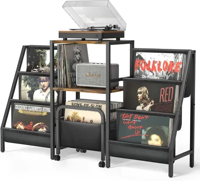 Record Player Stand with Vinyl Storage - 200 Album Capacity