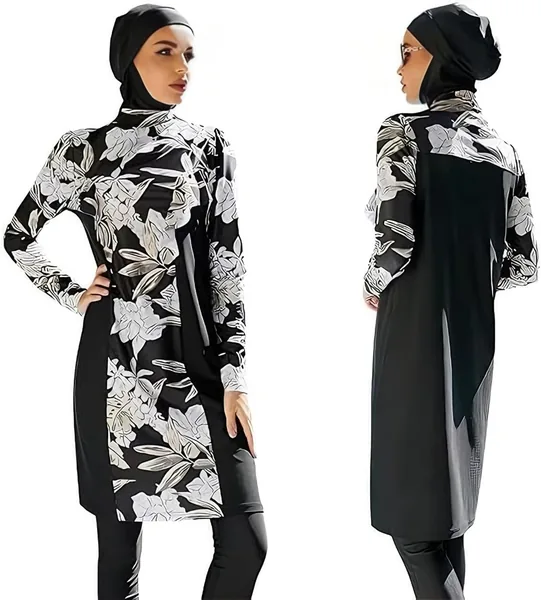 Doeunner Women Muslim Swimsuits Modest Islamic Swimwear with Hijab Rash Guard Burkini Long Sleeve Legging Pants Bathing Suits Full Coverage Tops Pants Set Bodysuit Surfwear Wetsuit