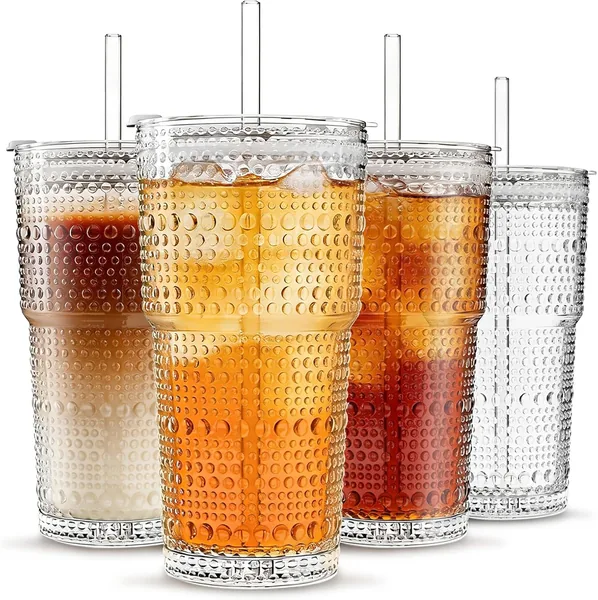 INSETLAN 20oz Hobnail Glass Cups with Lids and Glass Straws - 4 Pieces