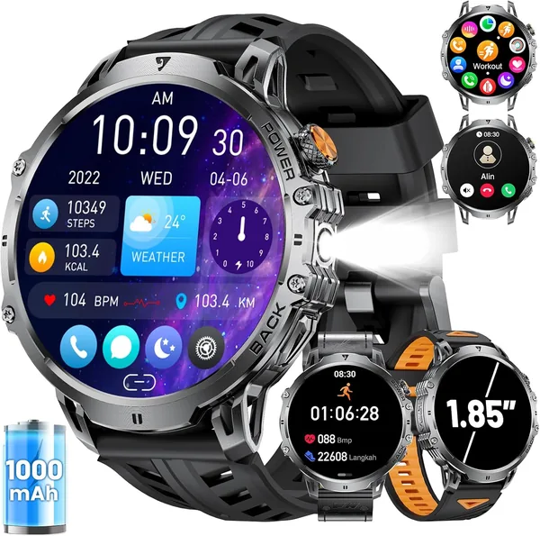 LIGE Reloj Inteligente Hombre 1000 mAh Batería/1.85' HD Grande Smartwatch con Llamadas/Linterna/100+ Modos Deportivos, IP68 - 100% Off