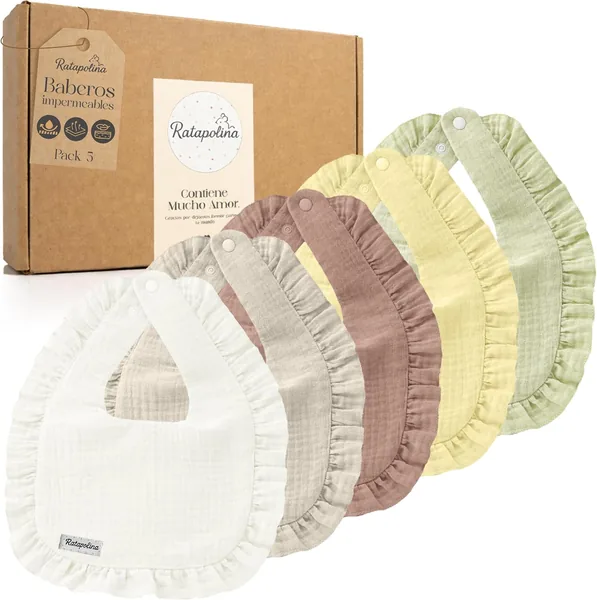 RATAPOLINA Waterproof Muslin Baby Bibs - Pack of 5