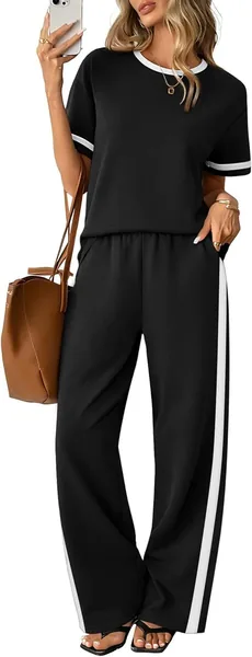 Sampeel 2 Piece Sets for Women Matching Sets Summer Outfits Resort Wear Short Sleeve Lounge Set Wide Leg Pants with Pockets