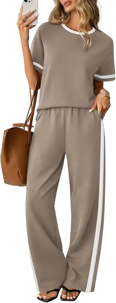 Sampeel 2 Piece Sets for Women Matching Sets Summer Outfits Resort Wear Short Sleeve Lounge Set Wide Leg Pants with Pockets