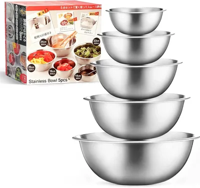 Set de 5 Bolsas de Acero Inoxidable Apilables y Aptas para Inducción | Tazones para Mezclar de 580ml a 2600ml