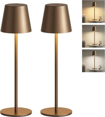 Lampe de table sans fil PreeOtti, lot de 2, lampe de chevet tactile, marron | Ajustement continu, 3 températures de couleur, recharge USB-C