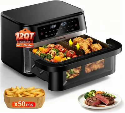 Dual Zone AirFryer with Viewing Window, 10-in-1 Presets, Plus Sync Cooking & Interior Light, for Bak