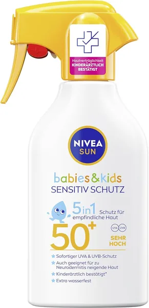 NIVEA SUN Babys & Kids Sensitive Protection 5-in-1 Sonnencreme SPF 50+ Extra wasserfeste Sonnencreme als Spray mit SPF 50+
