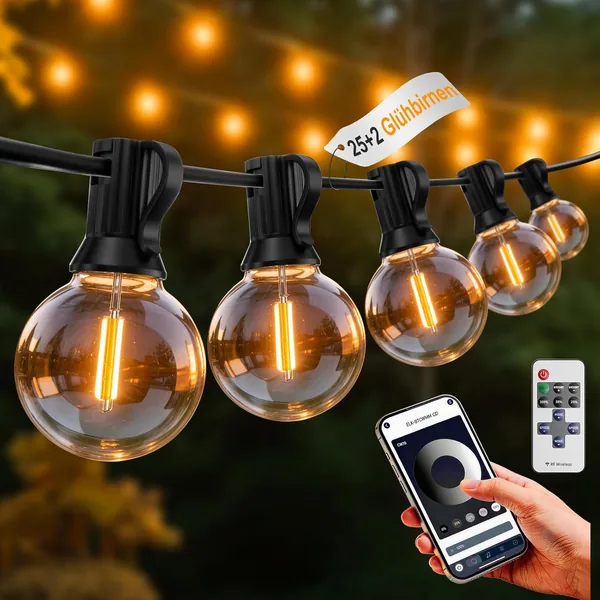 G40 Fairy Lights Outdoor Power, LED Fairy Lights Outdoor with Remote Control & App Control, Dimmable, 23.5 m, 77 ft, 25 + 2 Fairy Lights, Warm White, Outdoor, Indoor, Waterproof