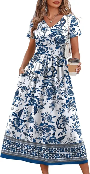 OFEEFAN Summer Dresses for Women Flowy Casual A-Line Midi Dress Beach Vacation Sundresses with Pockets S-2XL