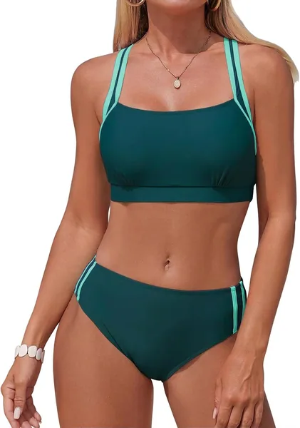 Adigaber Dos Piezas Traje de Baño para Mujeres Cintura Media Color Sólido Traje de Playa Deportivo con Relleno