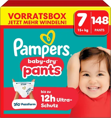 Pampers Baby-Dry Pants Größe 7, 148 Stück, ab 15 kg, 360° wasserdichte Passform für Tag und Nacht