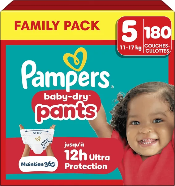 Pampers Baby-Dry Pants Größe 5, 180 Stück, 24-38 kg, 360° Wasserdicht - 20% Rabatt