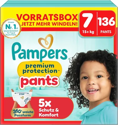 Pampers Premium Protection Hose Gr. 7 XL (für >15 kg) - Packung 136 Stk. | Mit 360° Passform und weichem Anti-Auslauf