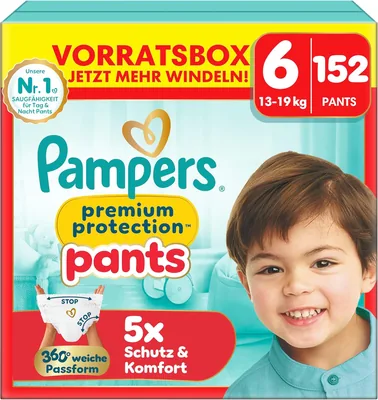 Pampers Premium Protection Windeln Größe 6 XL 13-19 kg Aufbewahrungskiste - Packung 152 | Mit 360° Passform und weichem Anti-Auslaufen