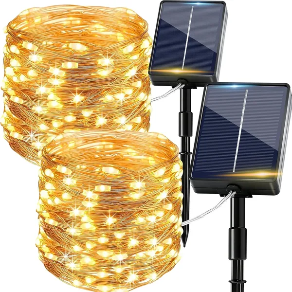 Solar String Lights Outdoor Garden, 2Pack 12M/39FT 120 LED Indoor Outdoor Fairy Lights Solar Powered Garden Light Waterproof, 8 Modes Bright Copper Wire Light for Patio Yard Balcon