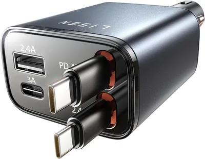 LISEN 84W シガレットライターソケット USB Cカー充電器 [リトラクタブルタイプC 2 | 80cmケーブル、車載充電器、互換性あり]