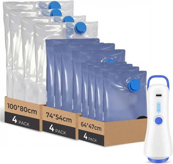 Vacuum Bags Clothes with Electric Pump, 12 Vacuum Bags Clothes (4 x 100 x 80 cm, 4 x 74 x 54 cm, 4 x 64 x 47 cm), Vacuum Bags for Travel, Moving and Storage