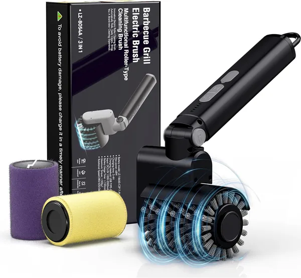 3 Speed Power Control Electric Grill Brush (2 Heads & Abrasive Pad) Rechargeable & Wireless