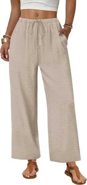 Sampeel Wide Leg Pants Women Casual Palazzo Drawstring Elastic Waist Trousers