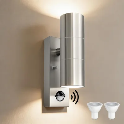 YOVGQOLV Außenwandleuchte mit Bewegungsmelder 230 V, Edelstahl LED Wandleuchte Outdoor Up und Down, IP54 Wasserdicht PIR - Best Deal