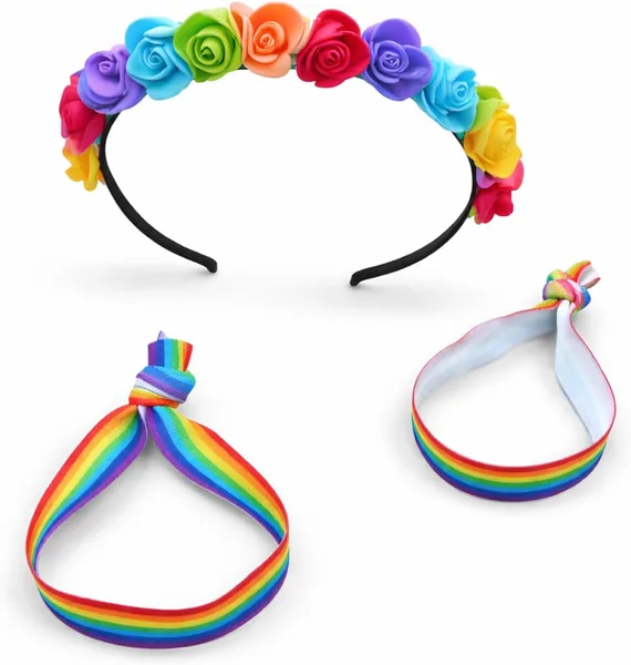 LGBTQ Blumen-Kopfband, Regenbogen-Kopfband mit 2 Armbändern, Regenbogen-Rosen-Kopfband, Blütenkrone Tiara Gay Pride Accessoires