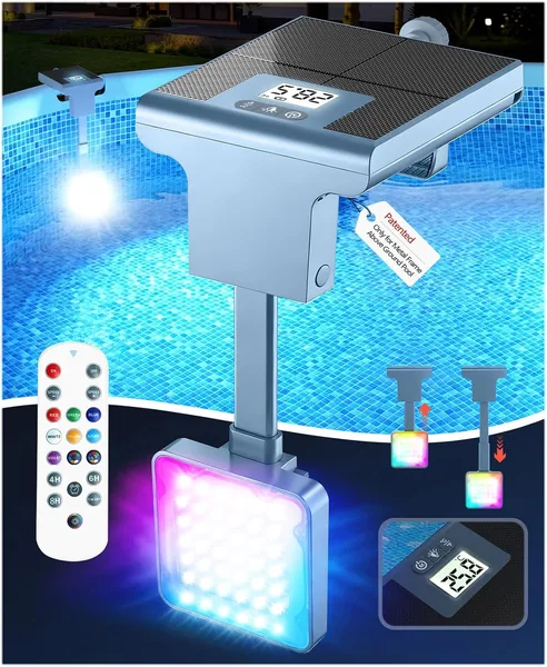 DeeprBlu 2 en 1 Lumière de Piscine Solaire pour Piscines au-dessus du Sol avec Cadre en Métal, Thermomètre de Piscine Digital avec Écran Backlit - Meilleures Affaires