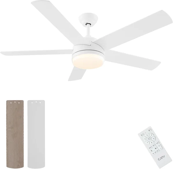 Ventilador de techo CJOY Grande, 152 cm con Luz Silenciosa, 5 aspas Reversibles, LED Dimmable, Temporizador, 6 velocidades, Blanco Madera - 16% de Descuento