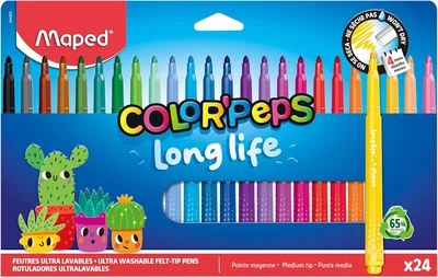 Maped - 24 Color Pep's Long Life Felt-Tip Pens - Lavables - Fournitures scolaires