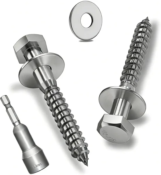 Ezitruz Hexagon Wood Screws M6 x 75 mm, Pack of 15 Hexagon Screws with Washers Stainless Steel A2 V2A