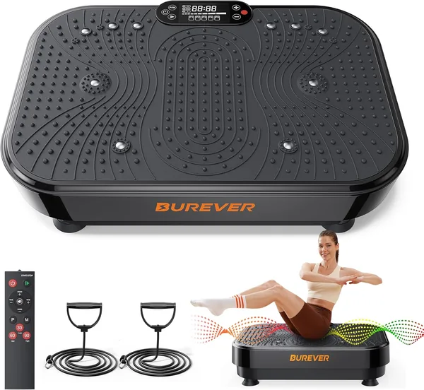 Vibration Plate Burever 150W, Silent Foot Massage, Muscle Development and Modeling, 99 Levels, 5 Training Programs, Remote Control, Elastic Bands