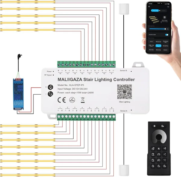 Intelligente Treppenbeleuchtung 13 Stufen Warmwei 3000K, Bewegungsmelder Treppenlicht mit App & RF-Fernbedienung, Bluetooth Smart Stair Light, COB LED Streifen Indoor