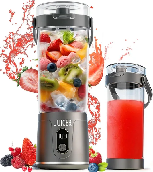 Portable Juicer 20oz (600ml), USB Rechargeable Blender Machine with 12 Stainless Steel Blades, Cordless Smoothie Maker for Shakes, Juices, Travel & Gym (Grey)