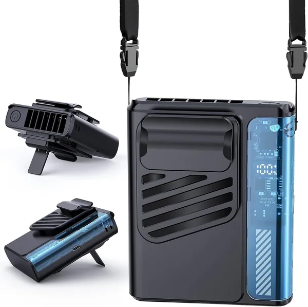 UIONVO Taschenventilator mit Gürtelschnalle - 4000 mAh Schwarz, wiederaufladbar, 10.000 U/min, T-Shirt-Ventilator mit LED-Anzeige, 5 Ventilstufen, Clip für den Hals